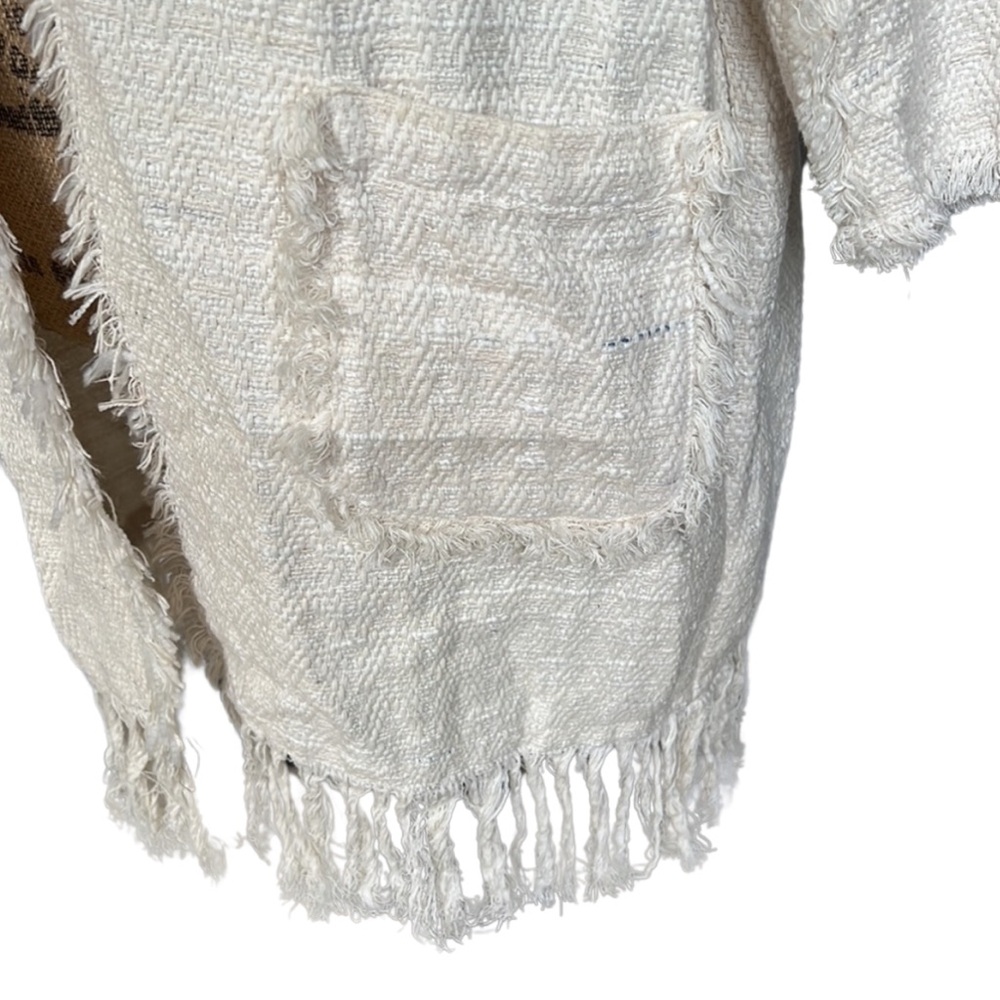 Vilagallo Open Front Cotton Woven Jacket with Fringe, Off White - Picture 5 of 8